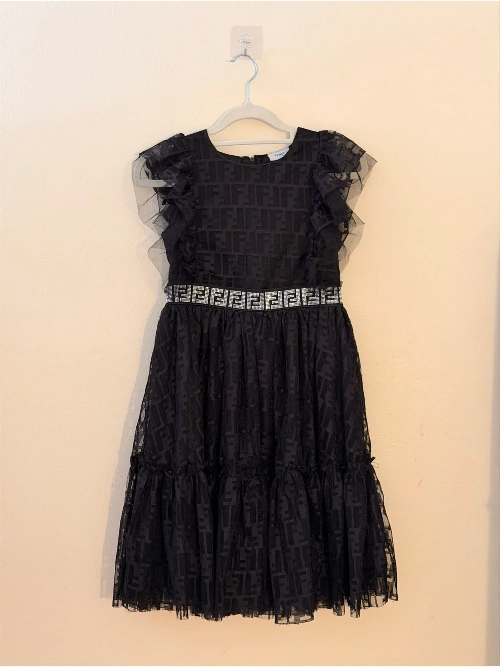 Black Ruffle Tulle Kids Dress with Decorative Waistband